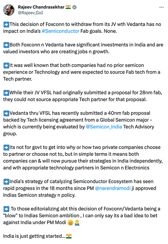 Rajeev Chandrasekhar tweet on Foxconn Vedanta split